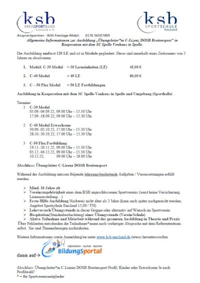 Ausbildung Übungsleiter C Lizenz DOSB Breitensport ab September in Spelle