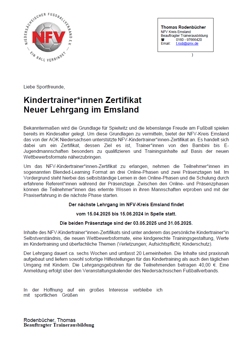 Neuer KiTz-Trainerlehrgang in Spelle