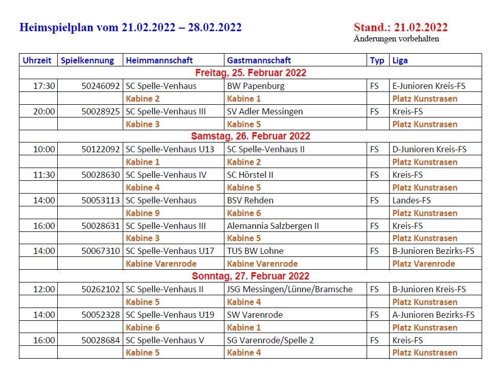 16. Wochenspielplan - Vorbereitungsspiele