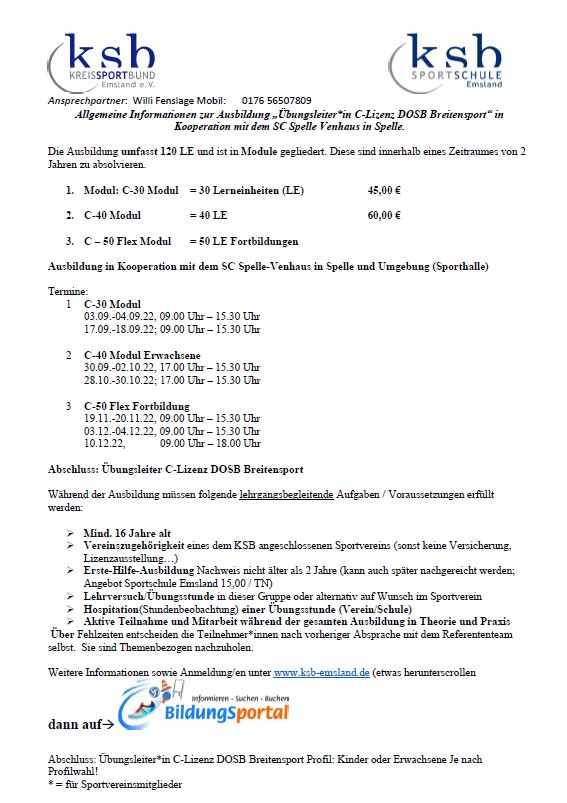 Ausbildung Übungsleiter C Lizenz DOSB Breitensport ab September in Spelle